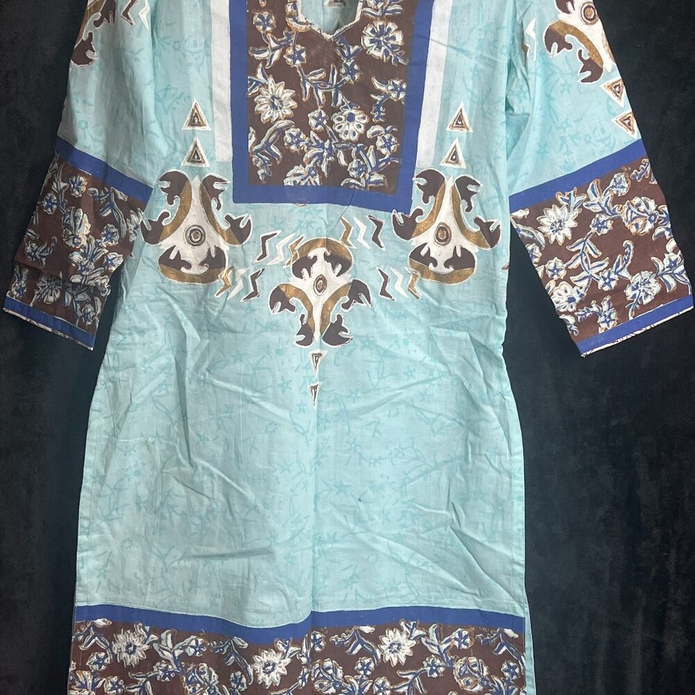Handmade Boho Ethnic Tunic Dress – Blue & Brown Floral – 3/4 Sleeve – Armpit to